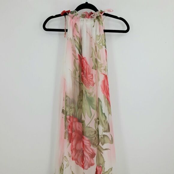 Ruiyige Sheer Flowy Floral Maxi Ruffled Jewel Neck Maxi Dress White Pink Sz L - Picture 8 of 11